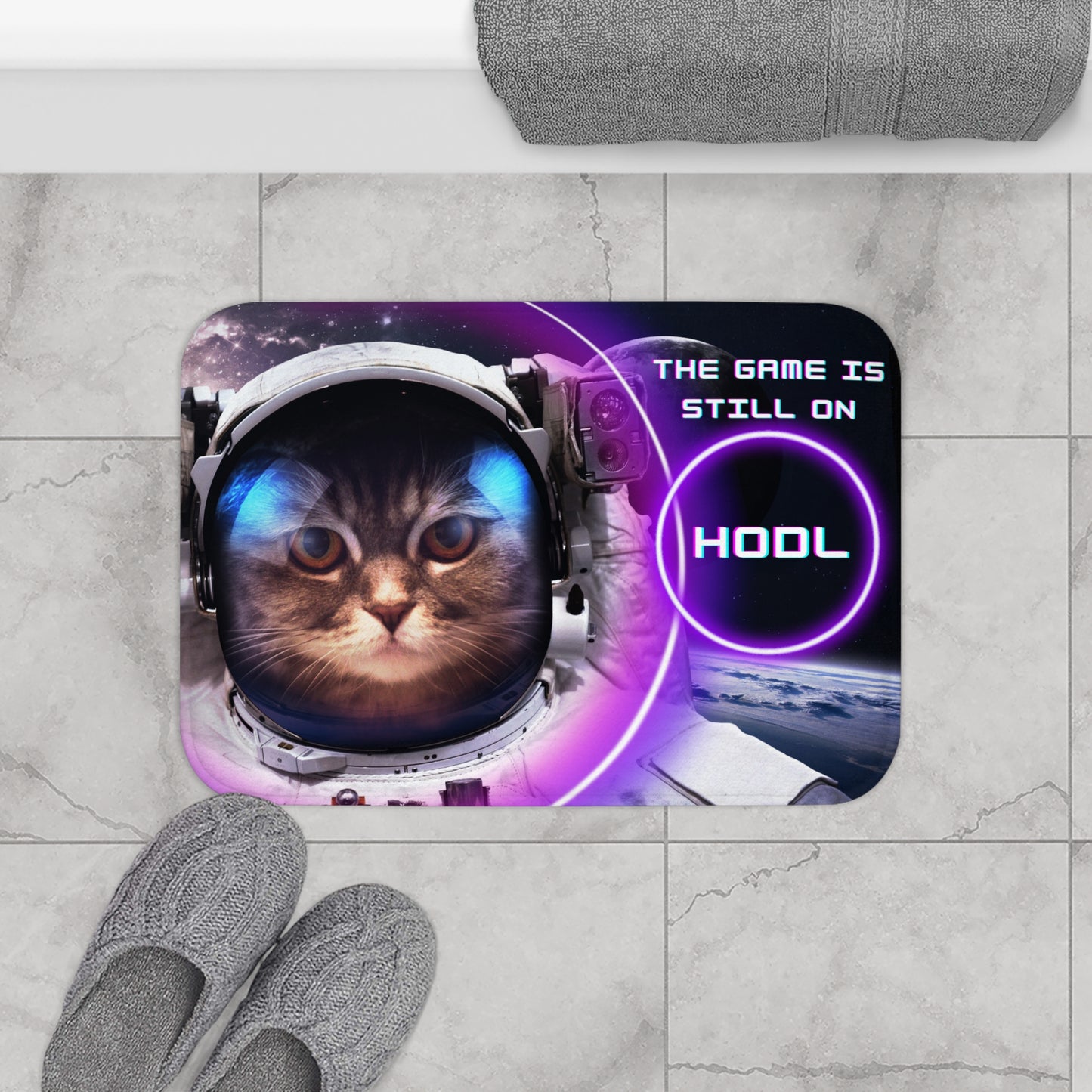 Space Kitty - The game is still on HODL bath mat