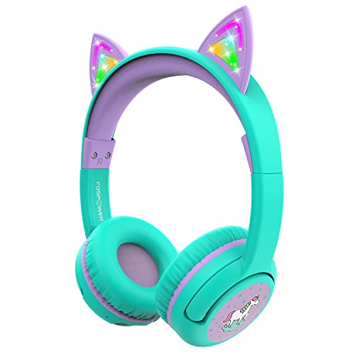 Space Kitty LED Kids Headphones with Safe Volume Limit 85 dB), 3.5mm Audio Cable Included, Wireless or Wired Connected Teal/Light Purple