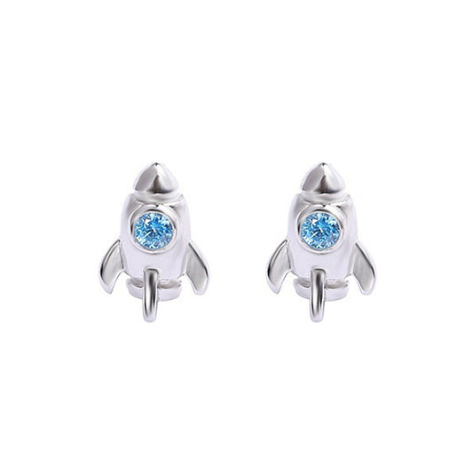 Sterling Silver Small Plane Rocket Pop Diamond-studded Zircon Ear Studs