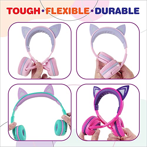 Space Kitty LED Kids Headphones with Safe Volume Limit 85 dB), 3.5mm Audio Cable Included, Wireless or Wired Connected Teal/Light Purple