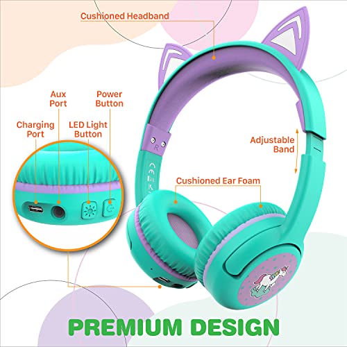 Space Kitty LED Kids Headphones with Safe Volume Limit 85 dB), 3.5mm Audio Cable Included, Wireless or Wired Connected Teal/Light Purple