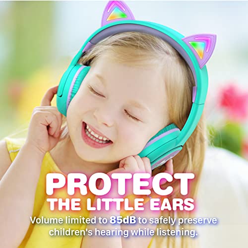 Space Kitty LED Kids Headphones with Safe Volume Limit 85 dB), 3.5mm Audio Cable Included, Wireless or Wired Connected Teal/Light Purple