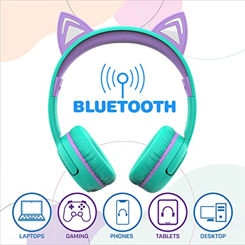 Space Kitty LED Kids Headphones with Safe Volume Limit 85 dB), 3.5mm Audio Cable Included, Wireless or Wired Connected Teal/Light Purple