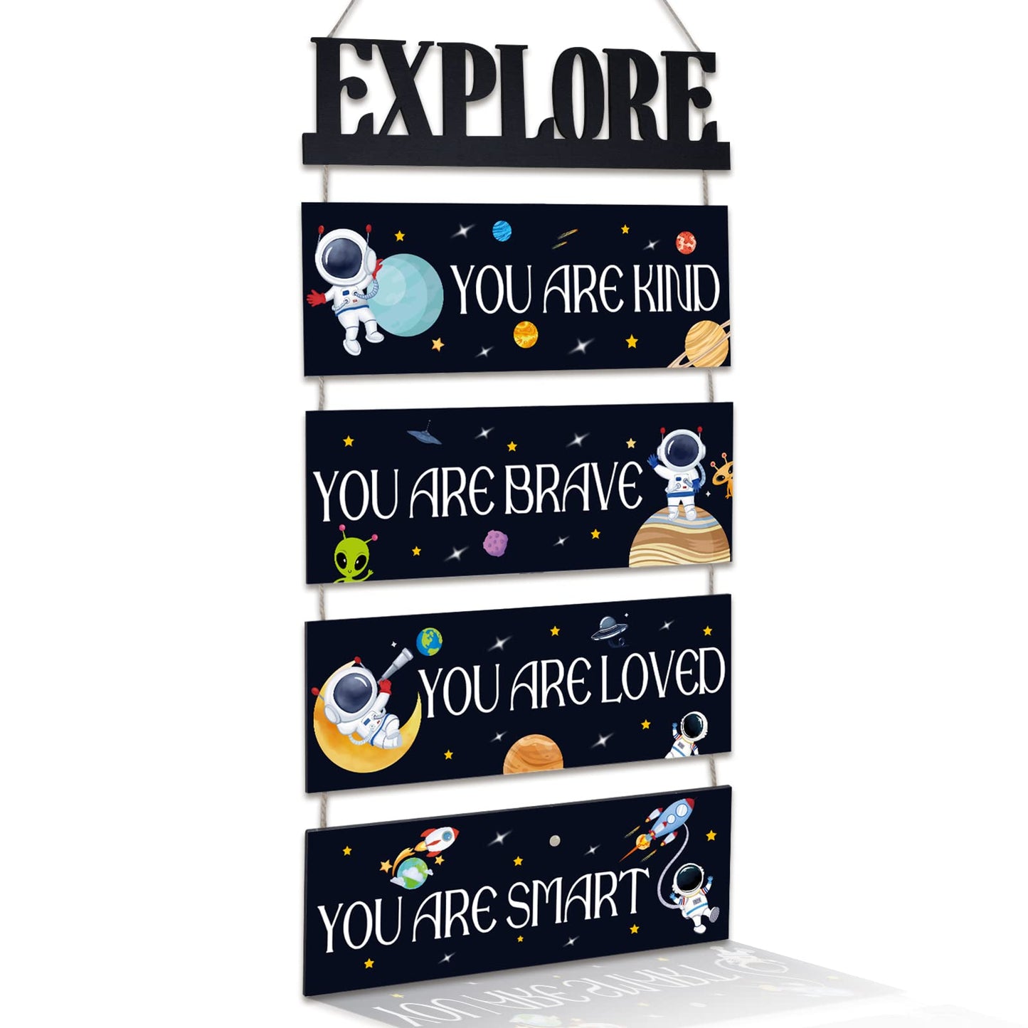 You are kind, you are brave, you are loved, you are smart inspirational space-themed wooden wall decoration