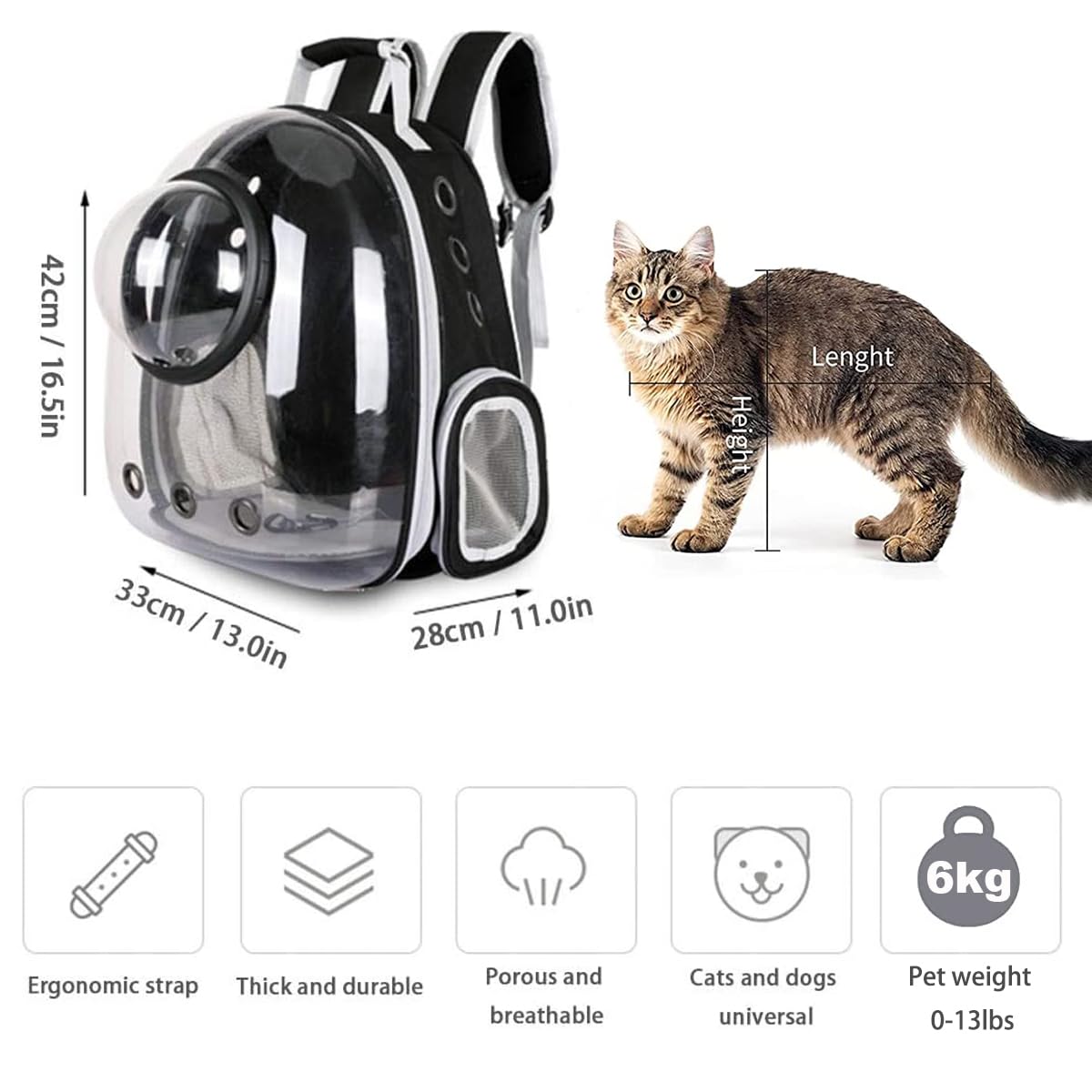 Pet Space Capsule Backpack, Small Medium Cat Puppy Dog Carrier, Transparent Breathable Heat Proof, Pet Carrier for Travel Hiking Walking Camping (Black)