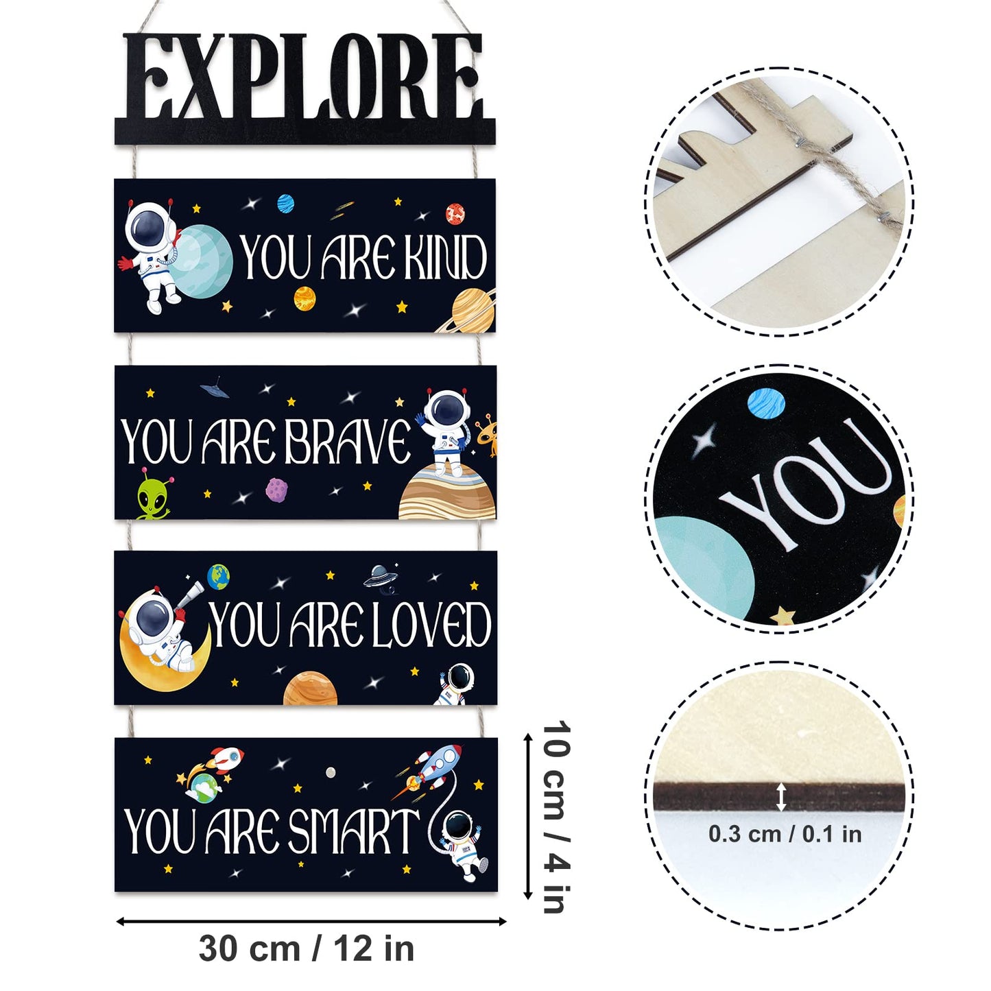 You are kind, you are brave, you are loved, you are smart inspirational space-themed wooden wall decoration