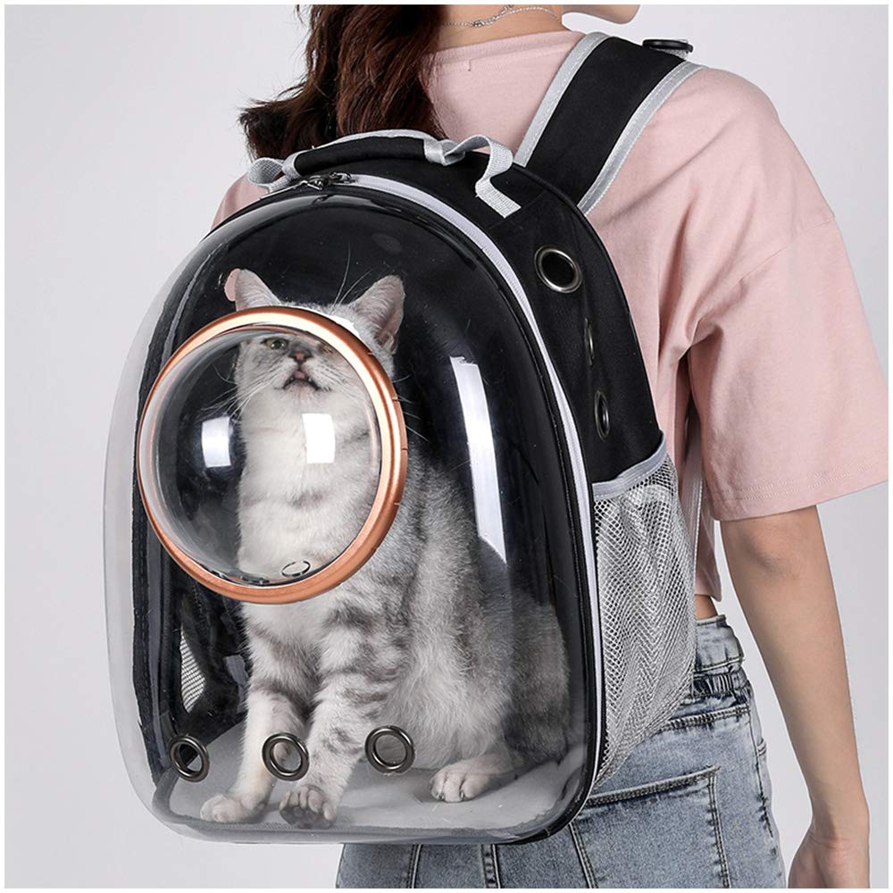 Pet Space Capsule Backpack, Small Medium Cat Puppy Dog Carrier, Transparent Breathable Heat Proof, Pet Carrier for Travel Hiking Walking Camping (Black)