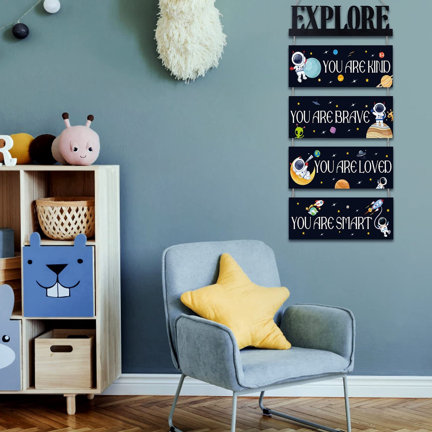 You are kind, you are brave, you are loved, you are smart inspirational space-themed wooden wall decoration