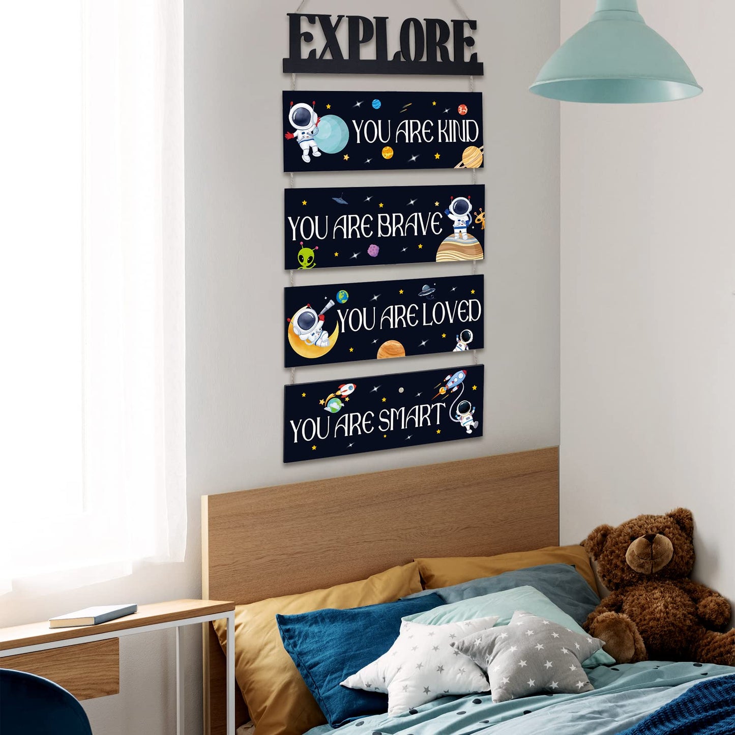 You are kind, you are brave, you are loved, you are smart inspirational space-themed wooden wall decoration