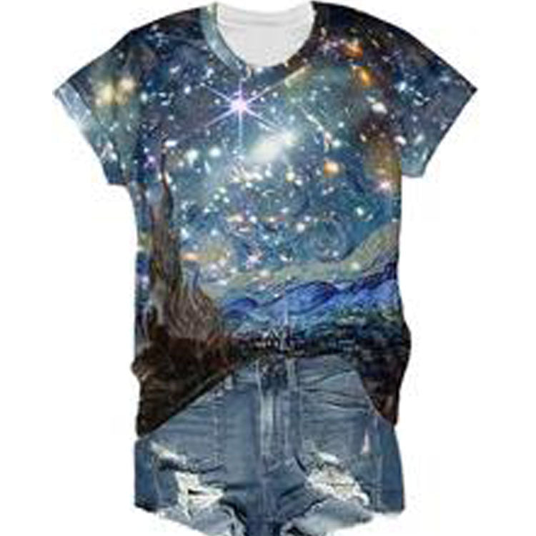 European And American Ladies Oil Painting And Space Image Printing Casual T-shirt