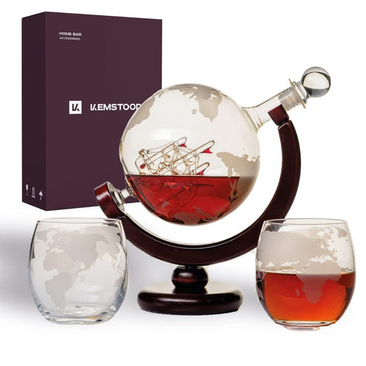 Kemstood Whiskey Decanter and Glass Set (850 ml) - Etched Whiskey Globe Decanter for Liquor, Bourbon, Vodka with 2 Glasses - Whiskey Gift Set - Home Bar Accessories for Alcoholic Drinks