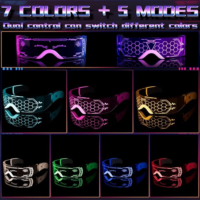 LED Visor Glasses, 2pcs LED Light Up Party Glasses - 7 Colours 5 Modes