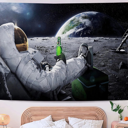 Fullfun Psychedelic Astronaut Space Tapestry Wall Hanging, Spaceman with Beer Sits on Moon Tapestry for Bedroom Living Room Dorm Cool Room Decor 60 x 80 Inch